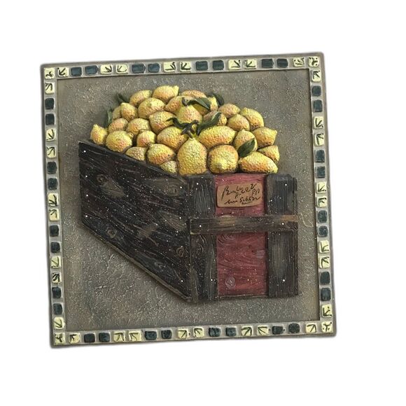 Vintage Tile Pears in Basket Wall Art 5x5 Square 3D Home Decor Artist Signed EUC - Picture 1 of 6